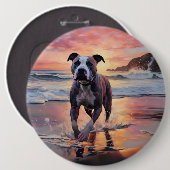 Sandy American Staffordshire Dog on Beach Sunset Button (Vorne & Hinten)
