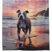 Sandy American Staffordshire Dog on Beach Sunset Duschvorhang (Vorderseite)