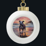 Sandy American Staffordshire Dog on Beach Sunset Keramik Kugel-Ornament<br><div class="desc">Tauchen Sie ein in die ruhige Schönheit unseres Hundes "Sandy Paws and Sunset Hues" mit Sonnenuntergang am Strand. Diese faszinierende Szene vereint das Wesen eines perfekten Abends am Ufer, mit einem treuen Hund, der den goldenen Sand und die atemberaubenden Farben der untergehenden Sonne genießt. Ob Hundeliebhaber oder Sonnenuntergang - dieses...</div>