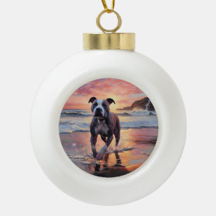 Sandy American Staffordshire Dog on Beach Sunset Keramik Kugel-Ornament