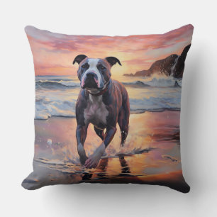 Sandy American Staffordshire Dog on Beach Sunset Kissen