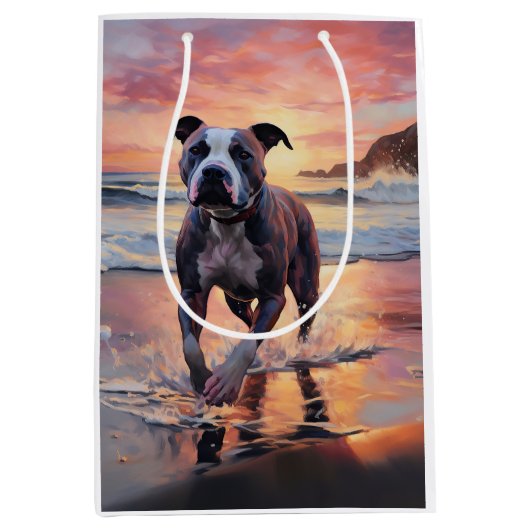 Sandy American Staffordshire Dog on Beach Sunset Mittlere Geschenktüte (Vorderseite)