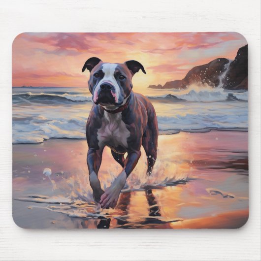 Sandy American Staffordshire Dog on Beach Sunset Mousepad (Vorne)