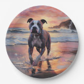 Sandy American Staffordshire Dog on Beach Sunset Pappteller (Vorderseite)