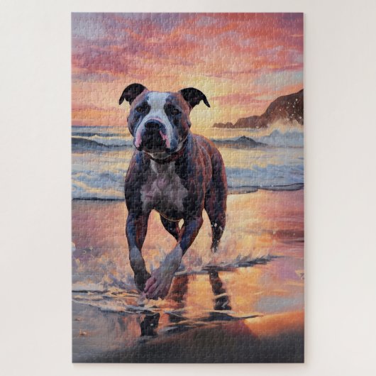 Sandy American Staffordshire Dog on Beach Sunset Puzzle (Vertikal)