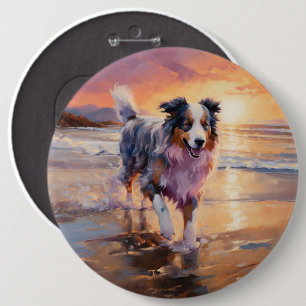 Sandy Australian Shepherd Dog on Beach Sunset Button