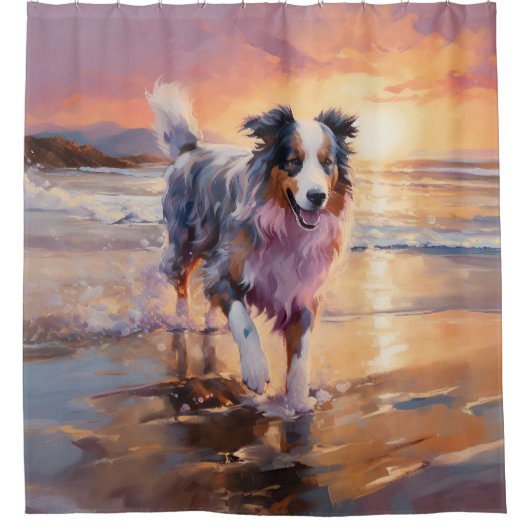 Sandy Australian Shepherd Dog on Beach Sunset Duschvorhang (Vorderseite)