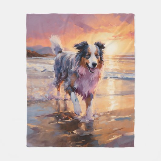 Sandy Australian Shepherd Dog on Beach Sunset Fleecedecke (Vorderseite)