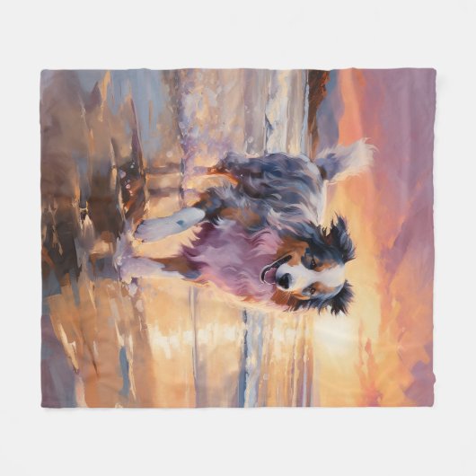 Sandy Australian Shepherd Dog on Beach Sunset Fleecedecke (Vorderseite (Horizontal))