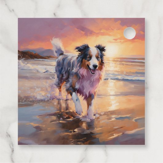 Sandy Australian Shepherd Dog on Beach Sunset Geschenkanhänger (Rückseite)