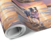 Sandy Australian Shepherd Dog on Beach Sunset Geschenkpapier (Rolleneckpunkt)