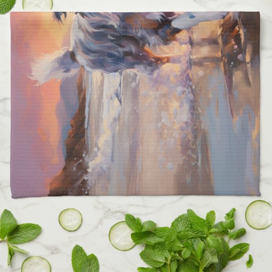 Sandy Australian Shepherd Dog on Beach Sunset Geschirrtuch (Gefaltet)