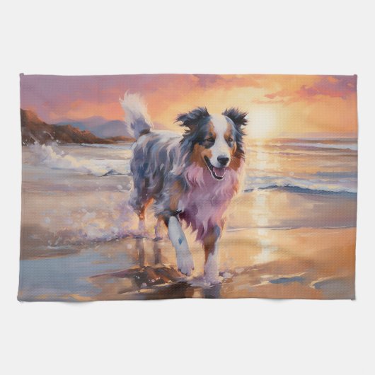 Sandy Australian Shepherd Dog on Beach Sunset Geschirrtuch (Horizontal)