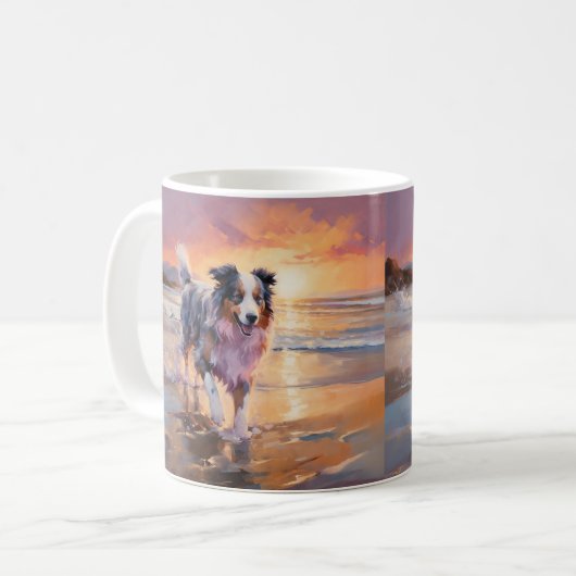 Sandy Australian Shepherd Dog on Beach Sunset Kaffeetasse (Vorderseite Links)