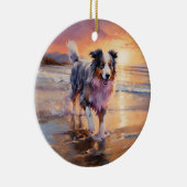 Sandy Australian Shepherd Dog on Beach Sunset Keramik Ornament (Rechts)