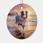 Sandy Australian Shepherd Dog on Beach Sunset Keramik Ornament (Links)