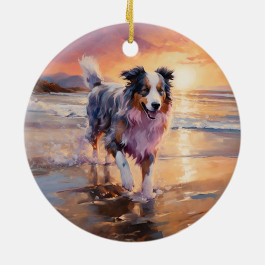 Sandy Australian Shepherd Dog on Beach Sunset Keramik Ornament (Hinten)