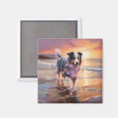 Sandy Australian Shepherd Dog on Beach Sunset Magnet (Vorderseite/Rückseite)