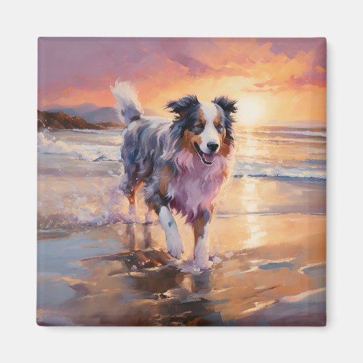 Sandy Australian Shepherd Dog on Beach Sunset Magnet (Vorne)