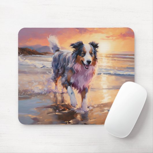 Sandy Australian Shepherd Dog on Beach Sunset Mousepad (Mit Mouse)
