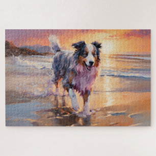 Sandy Australian Shepherd Dog on Beach Sunset Puzzle