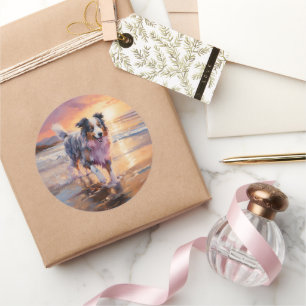 Sandy Australian Shepherd Dog on Beach Sunset Runder Aufkleber
