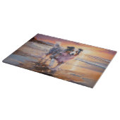 Sandy Australian Shepherd Dog on Beach Sunset Schneidebrett (Ecke)