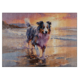 Sandy Australian Shepherd Dog on Beach Sunset Schneidebrett