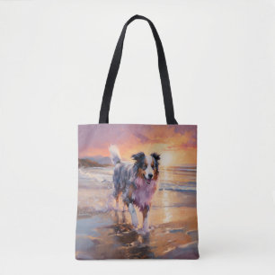 Sandy Australian Shepherd Dog on Beach Sunset Tasche
