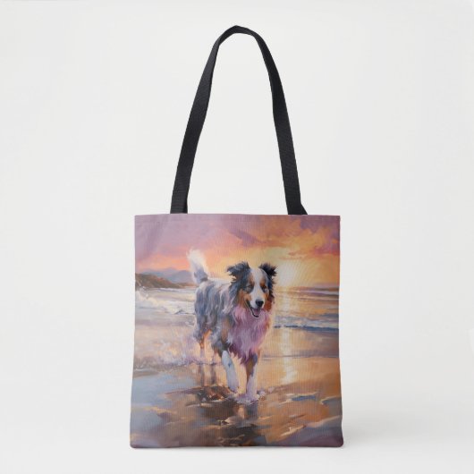 Sandy Australian Shepherd Dog on Beach Sunset Tasche (Vorderseite)