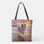 Sandy Australian Shepherd Dog on Beach Sunset Tasche (Rückseite)