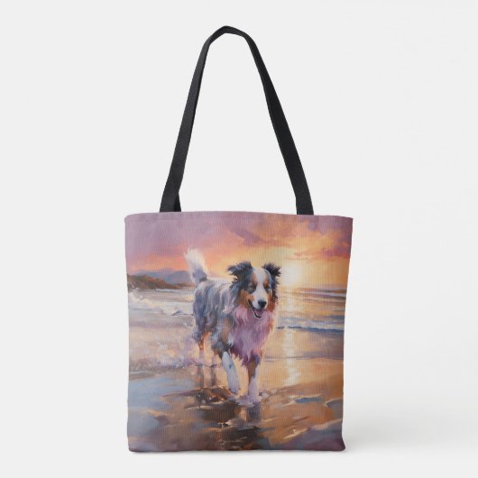 Sandy Australian Shepherd Dog on Beach Sunset Tasche (Rückseite)