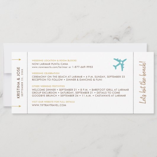Sandy Beach Boarding Pass Ticket Save Date Card Ankündigung (Rückseite)
