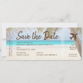 Sandy Beach Boarding Pass Ticket Save Date Card Ankündigung (Vorderseite)