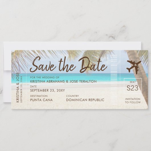 Sandy Beach Boarding Pass Ticket Save Date Card Ankündigung (Vorderseite)