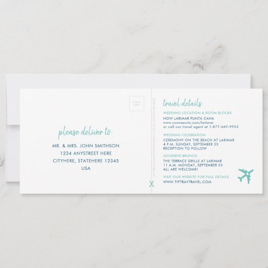 Sandy Beach Boarding Pass Wedding Einladung mit UA (Rückseite)