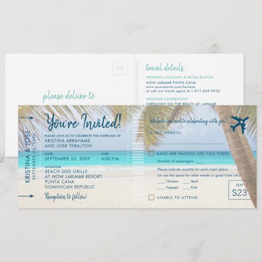 Sandy Beach Boarding Pass Wedding Einladung mit UA (Vorne/Hinten)