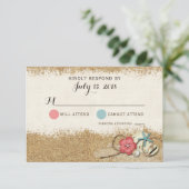 Sandy Beach Hibiskus & Muscheln Hochzeit Einladung (Stehend Vorderseite)