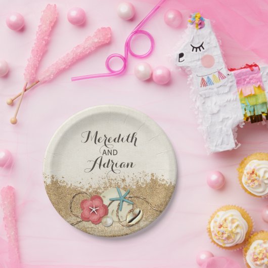 Sandy Beach Hibiskus & Muscheln Hochzeit Personali Pappteller (Party)
