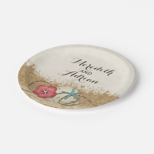 Sandy Beach Hibiskus & Muscheln Hochzeit Personali Pappteller (Schrägansicht)