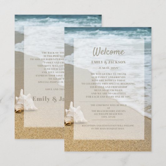 Sandy Beach Ocean Seashell Wedding Willkommen Begleitkarte (Vorne/Hinten)