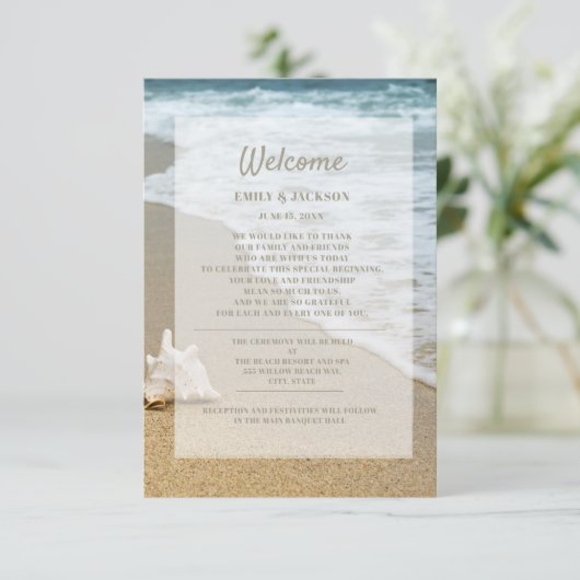 Sandy Beach Ocean Seashell Wedding Willkommen Begleitkarte (Stehend Vorderseite)