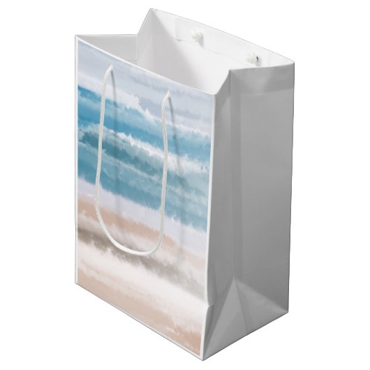 Sandy Beach Ocean Waves Abstrakte Wasserfarbe Mittlere Geschenktüte (Vorderseite Schrägansicht)