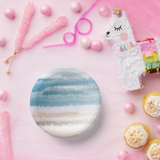Sandy Beach Ocean Waves Abstrakte Wasserfarbe Pappteller (Party)
