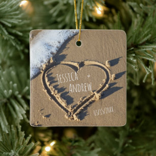 Sandy Beach Personalisiert Names Herz in Sand Keramikornament