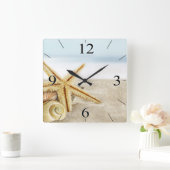 Sandy Beach Starfish Seashells Quadratische Wanduhr (Zuhause)