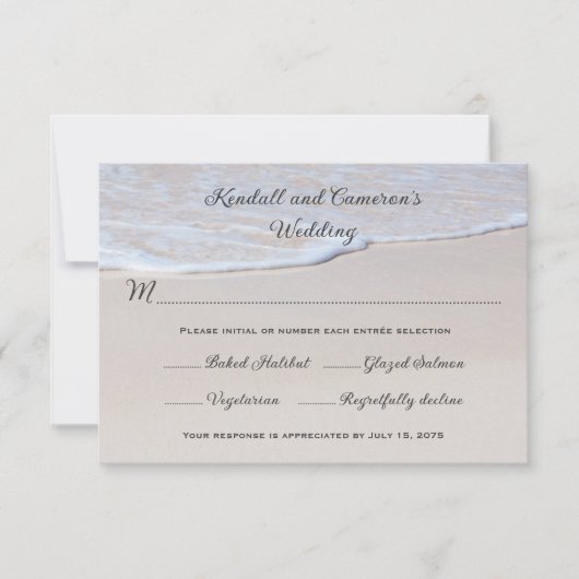 Sandy Beach Wedding RSVP Karten mit Menü (Vorderseite)