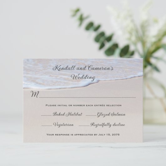 Sandy Beach Wedding RSVP Karten mit Menü (Stehend Vorderseite)