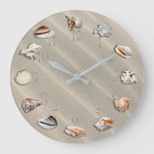 SANDY BEACH WITH SEASHELLS, ROUND WALL CLOCK GROßE WANDUHR