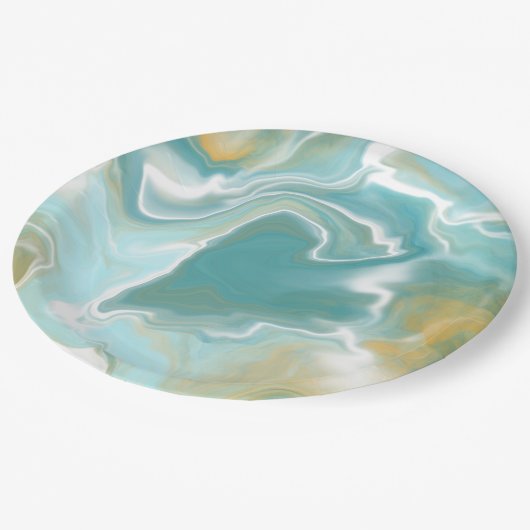 Sandy Brown Ocean Blue Marble Fluid Art Pappteller (Schrägansicht)